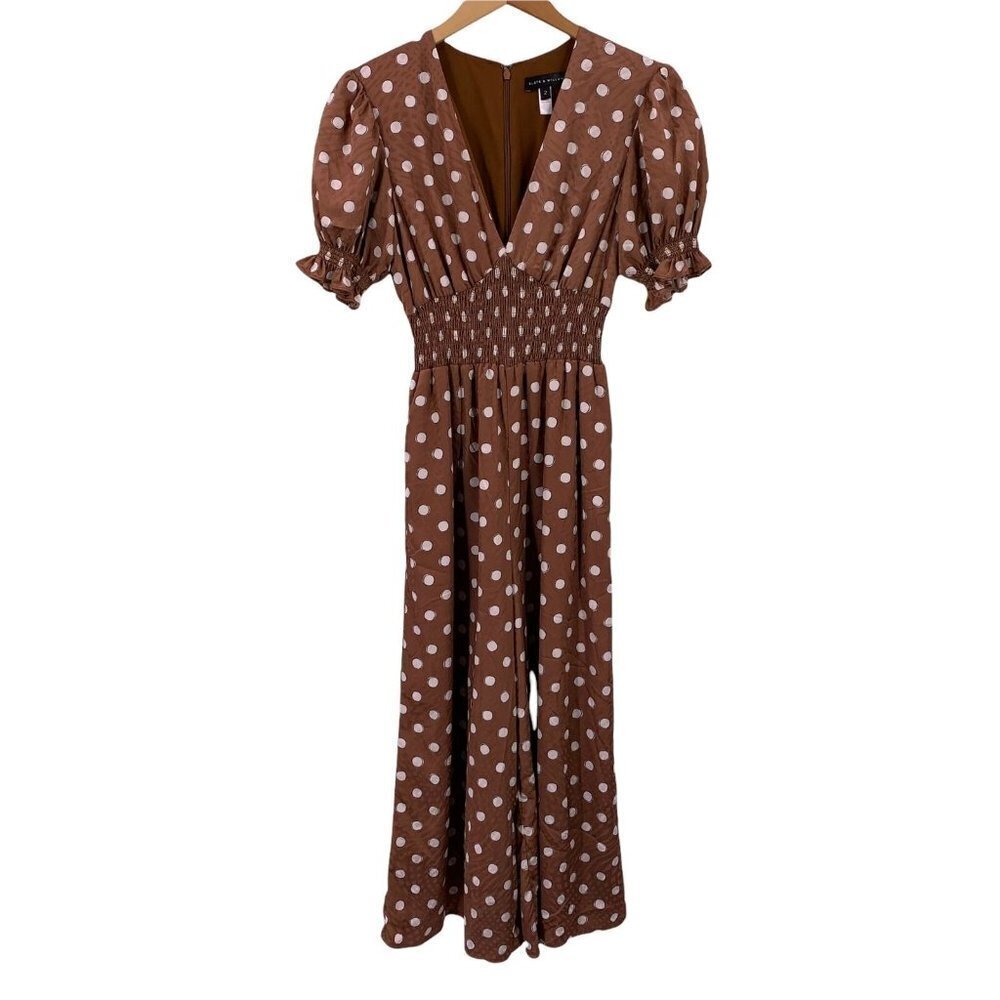 SLATE & WILLOW Brown/White Sketched Dot Short Sleeve Jumpsuit Size 2 - Picture 2 of 5